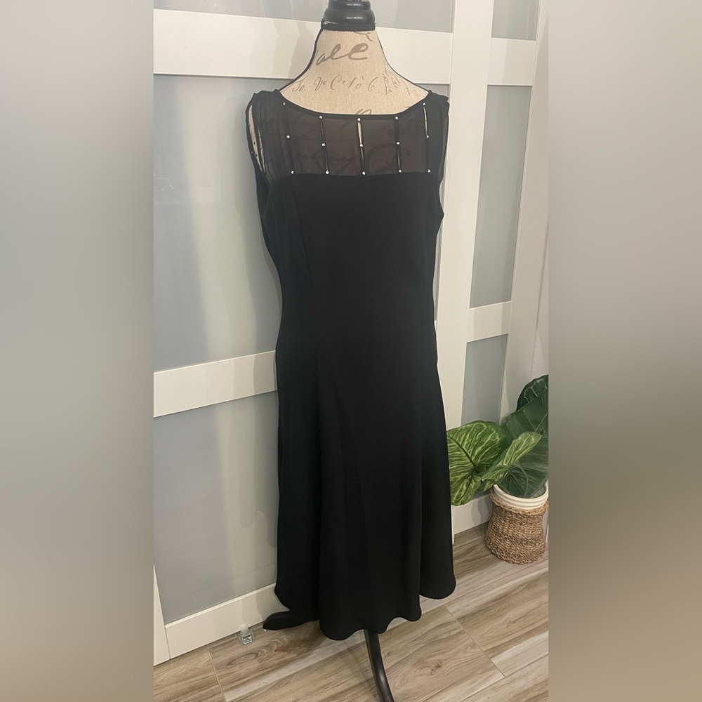 Evan Picone Black Draped Evening Dress with Sheer Studded Yoke